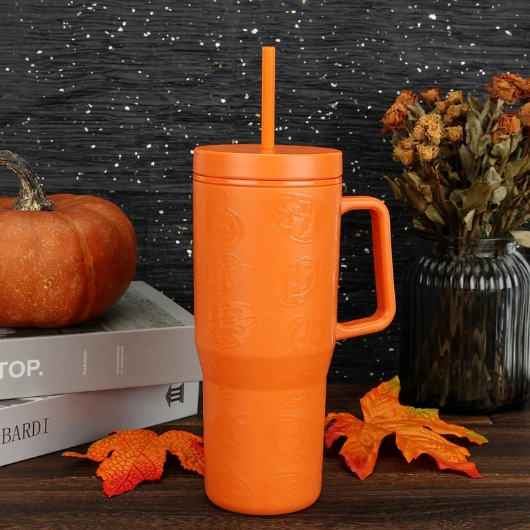 Way to Celebrate Halloween 30 oz Plastic Double Wall Embossed Pumpkin Tumbler with Straw and Hand... | Walmart (US)