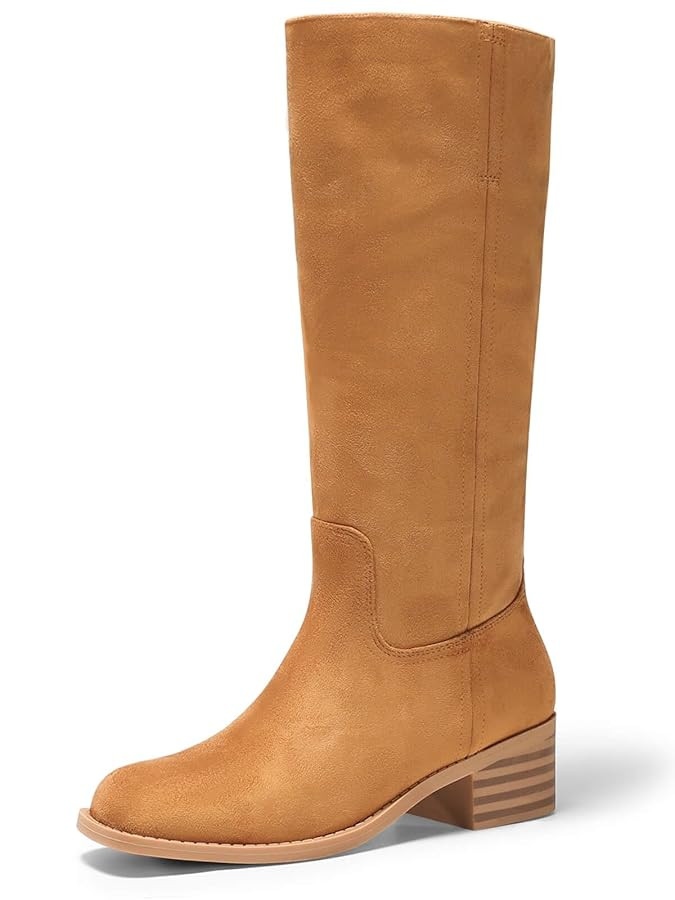 Coutgo Women's Knee High Boots Square Toe Chunky Block Heel Tall Boots Comfortable Low Heel Shoes | Amazon (US)