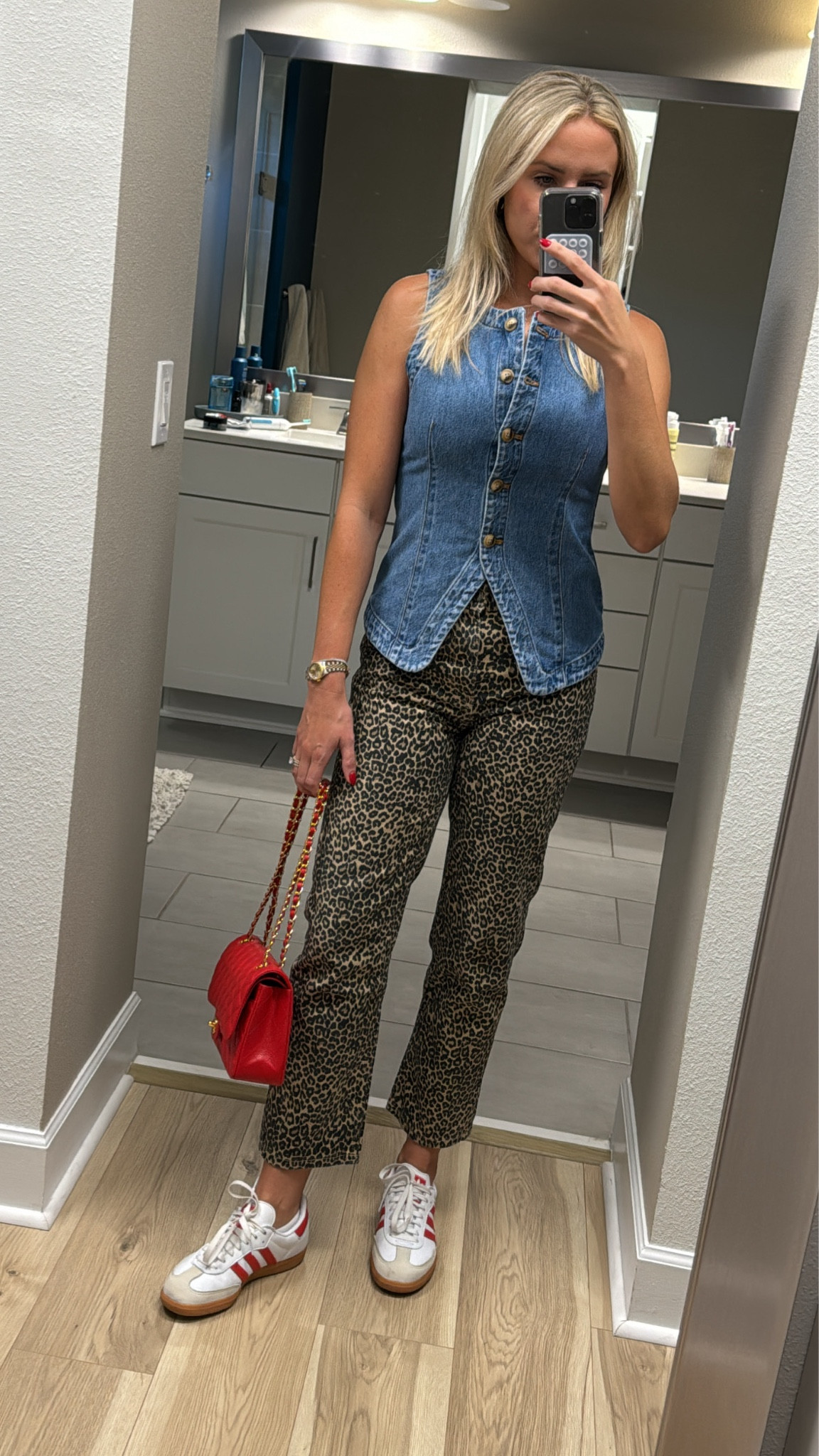 Leopard pants - sambas - red shoes - denim vest - denim shirt 

#LTKShoeCrush #LTKFallSale #LTKStyleTip