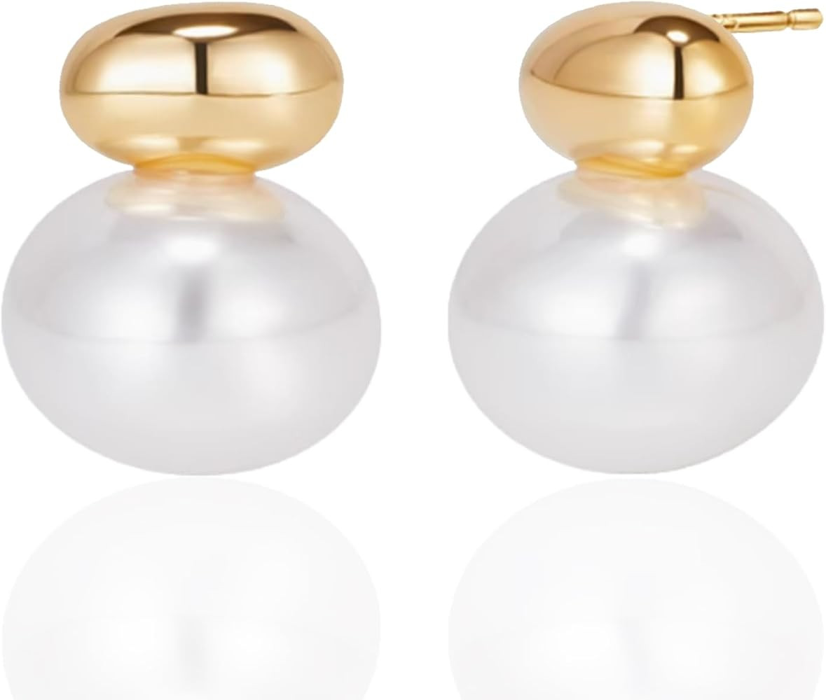 Bi&Yamigeo Chunky Pearl Drop Stud Earrings for Women,18K Gold Plated Big Round Pearl Pendant Dang... | Amazon (US)