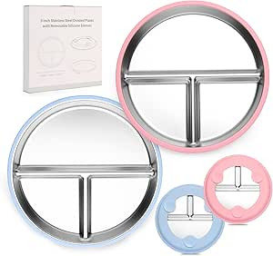 Stainless Steel Kids Plates, 2 Pcs Baby Silicone Suction Plate, 9" Divided Toddler Stainless Stee... | Amazon (US)