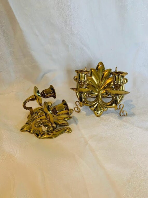 Vintage Pair of Solid Brass Leaf Candle Wall Sconces - Etsy | Etsy (US)