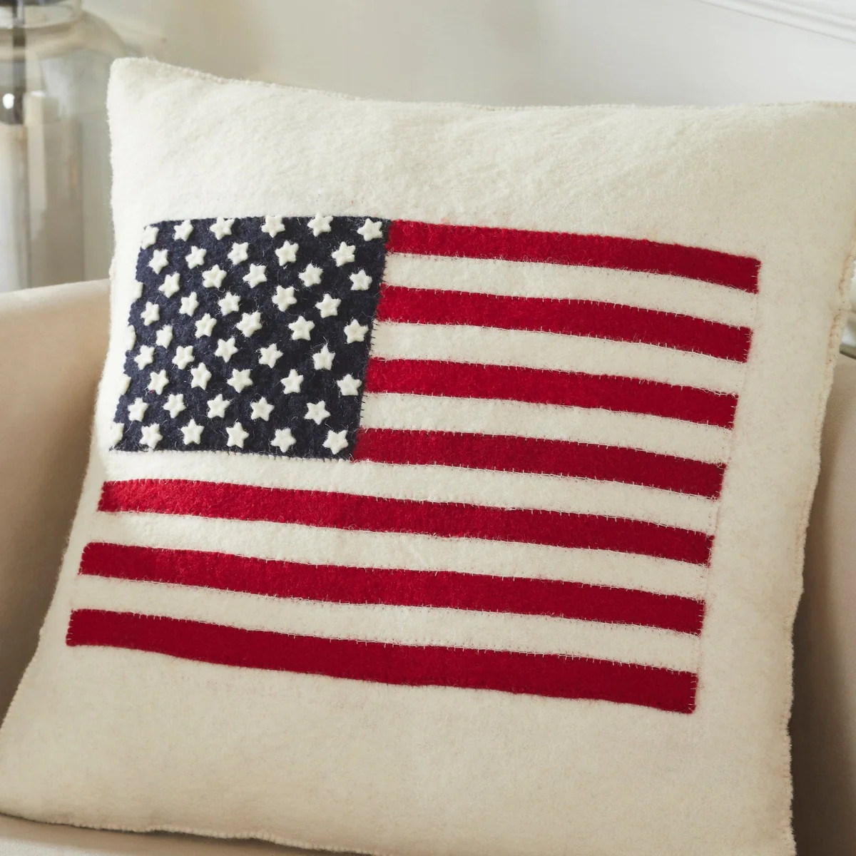 American Flag Hand Felted Wool Pillow - Cream 20" | Plow & Hearth