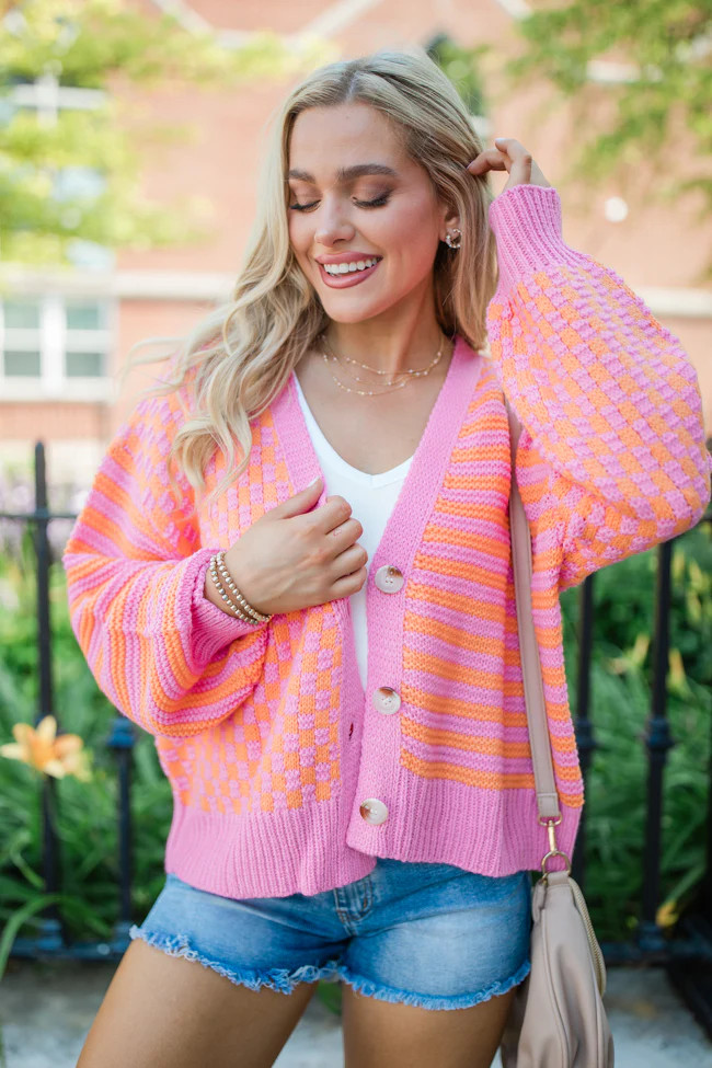 Time To Waste Pink And Orange Checkered And Striped Cardigan | Pink Lily
