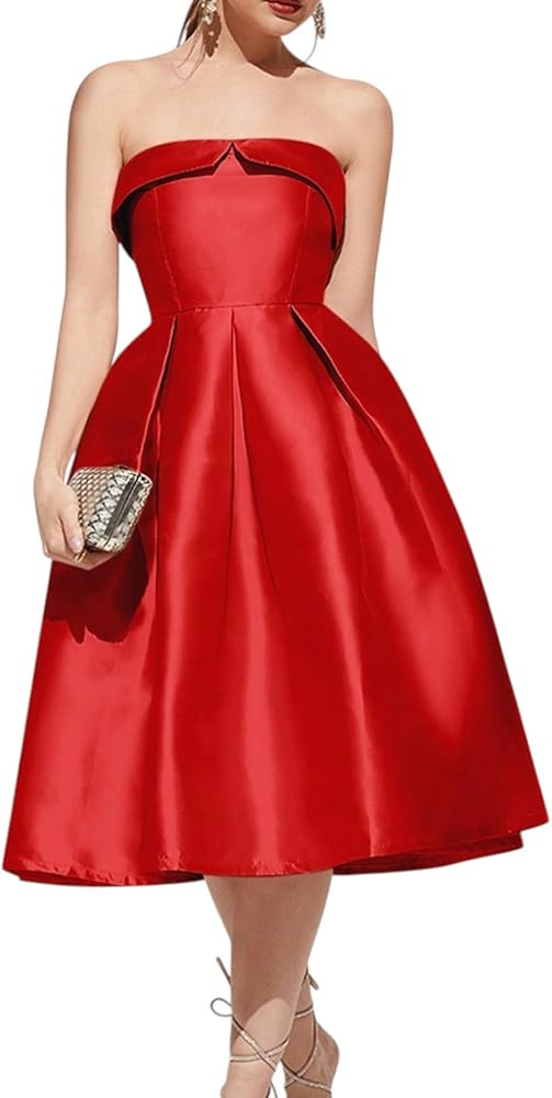 Strapless Satin A-Line Cocktail Dress for Women – Elegant Prom, Wedding,Formal Evening Gown wit... | Amazon (US)