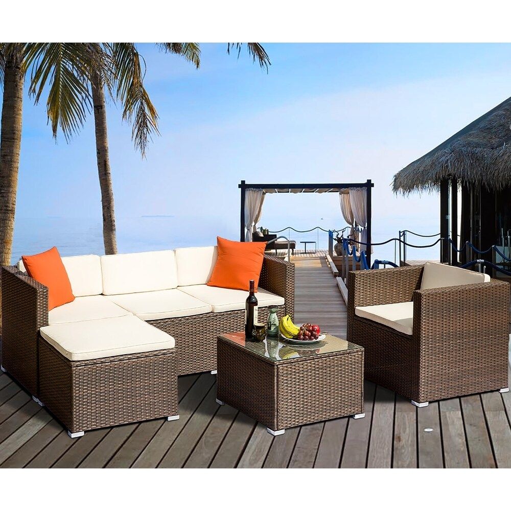 4 Piece Rattan Wicker Patio Sectional Furniture Set (Brown) | Bed Bath & Beyond
