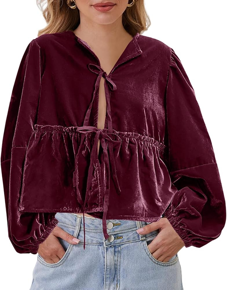 Bow Tie Front Long Sleeve Velvet Blouse for Women V Neck Ruffle Hem Peplum Shirts Loose Fit Cute ... | Amazon (US)