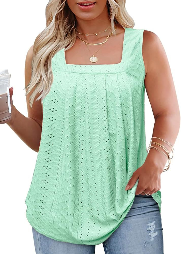 ROSRISS Plus-Size-Tank-Tops Summer Sleeveless Loose Fit Pleated Shirts Square Neck Tunics Eyelet ... | Amazon (US)