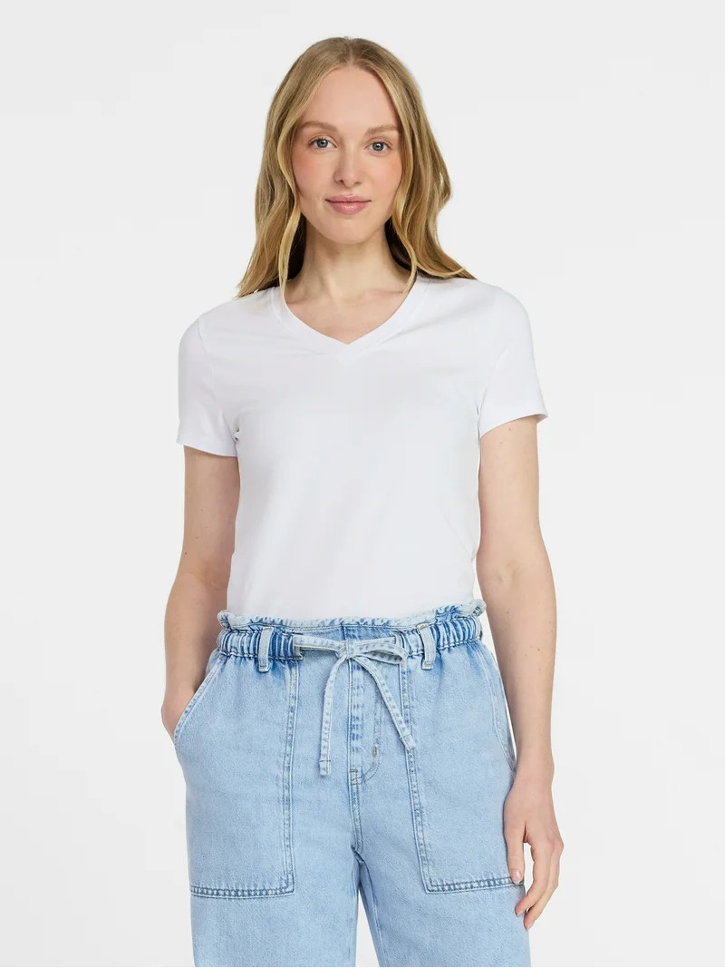 Time and Tru Women's Slim V Neck Tee with Short Sleeves, Sizes XS-XXXL | Walmart (US)