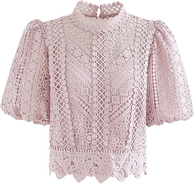 CHICWISH Women's Pea Green/Pink/White/Black/Short-Sleeve Floral Crochet Crop Top | Amazon (US)