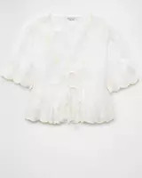 AE Embroidered Tie Front V-Neck Blouse | American Eagle Outfitters (US & CA)