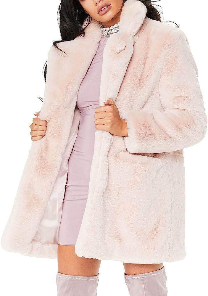 Remelon Womens Long Sleeve Winter Warm Lapel Fox Faux Fur Coat Jacket Overcoat Outwear with Pockets | Amazon (US)