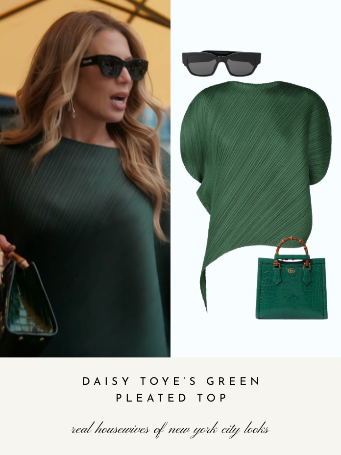 Daisy Toye's Green Pleated Top // Similar Gucci Purse Linked 

 