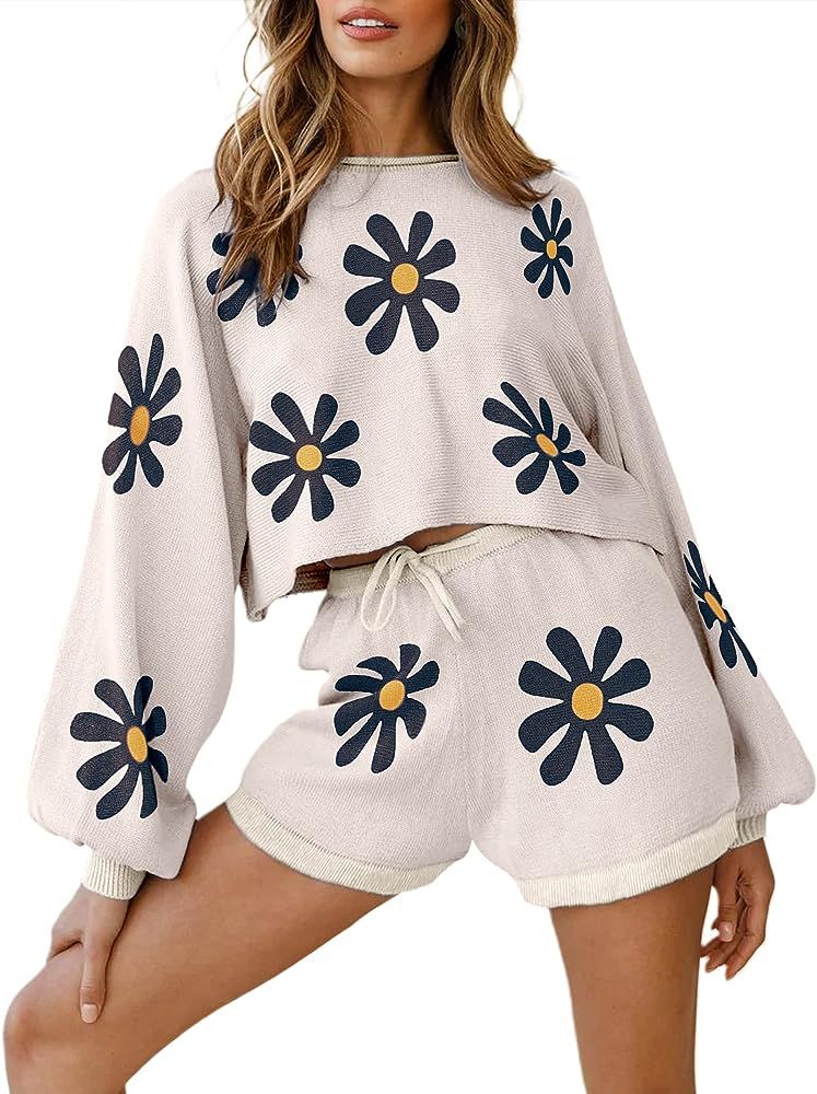 Ekouaer Summer Outfits for Women Soft Knit Lounge Sets Long Sleeve Top and Shorts 2 Piece Pajama ... | Amazon (US)