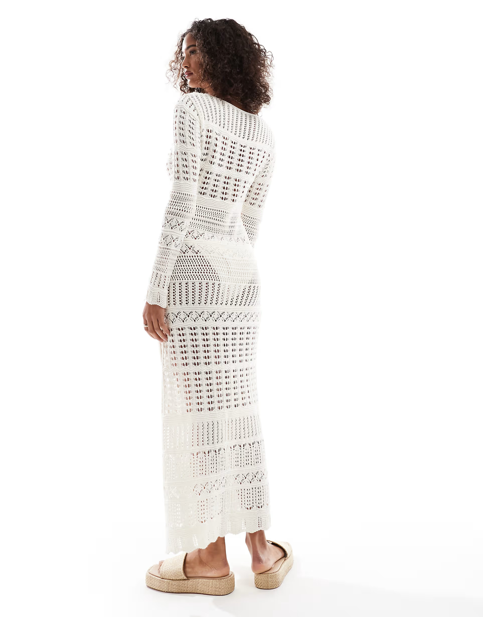 Miss Selfridge knitted crochet  o ring long sleeve maxi dress in cream | ASOS | ASOS (Global)
