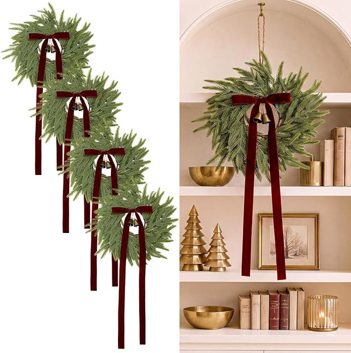 Yinder 4 Pack 12'' Christmas Kitchen Cabinet Wreath with Burgundy Bow, Bell | Amazon (US)