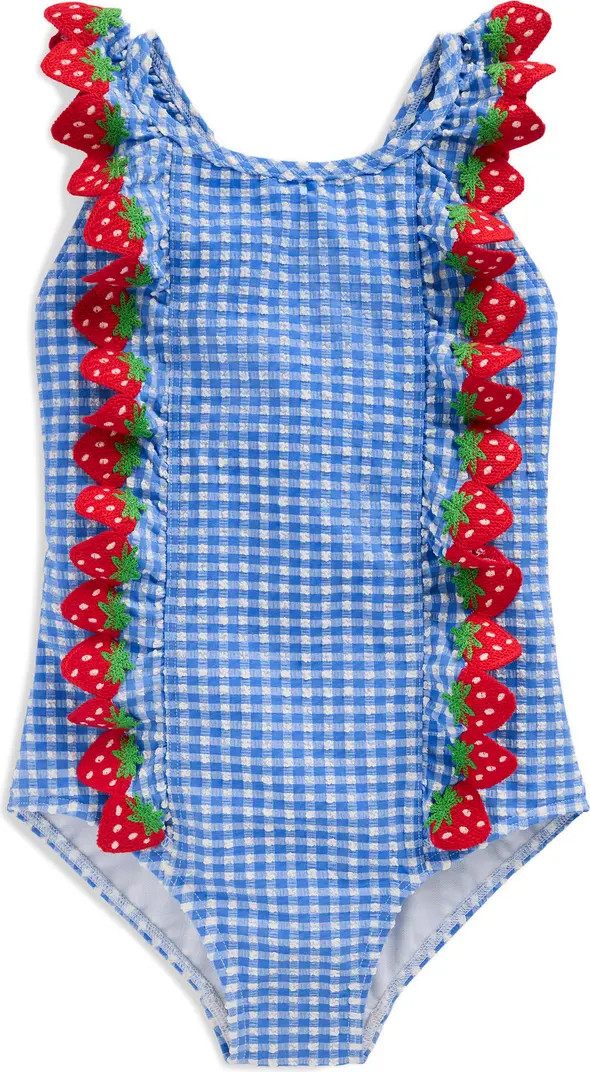 Kids' Strawberry Appliqué Ruffle Seersucker UPF 50+ One-Piece Swimsuit | Nordstrom