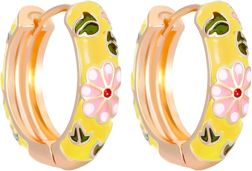 Vintage Enamel Huggie Hoop Earrings for Women Elegant Enamel Flower Huggie Hoop Earrings Dainty C... | Amazon (US)