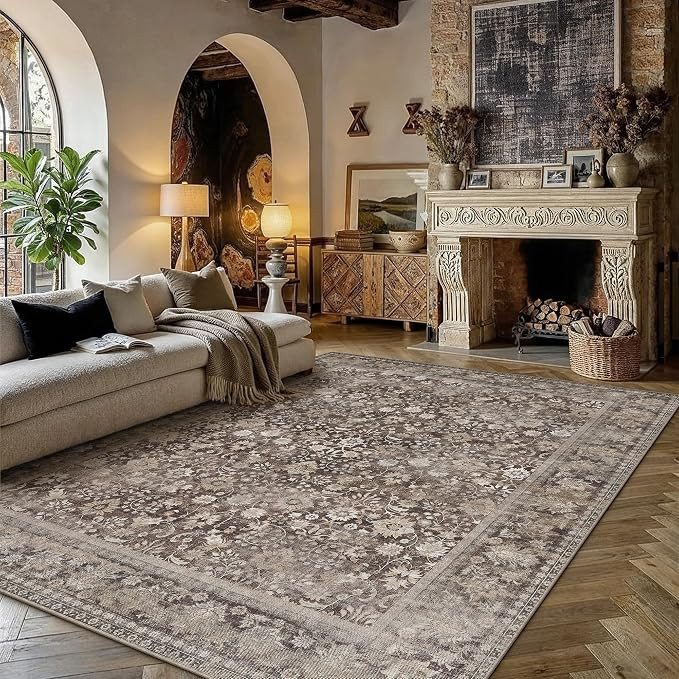 8x10 Coffee Brown Vintage Floral Washable Area Rug for Living Room | Amazon (US)