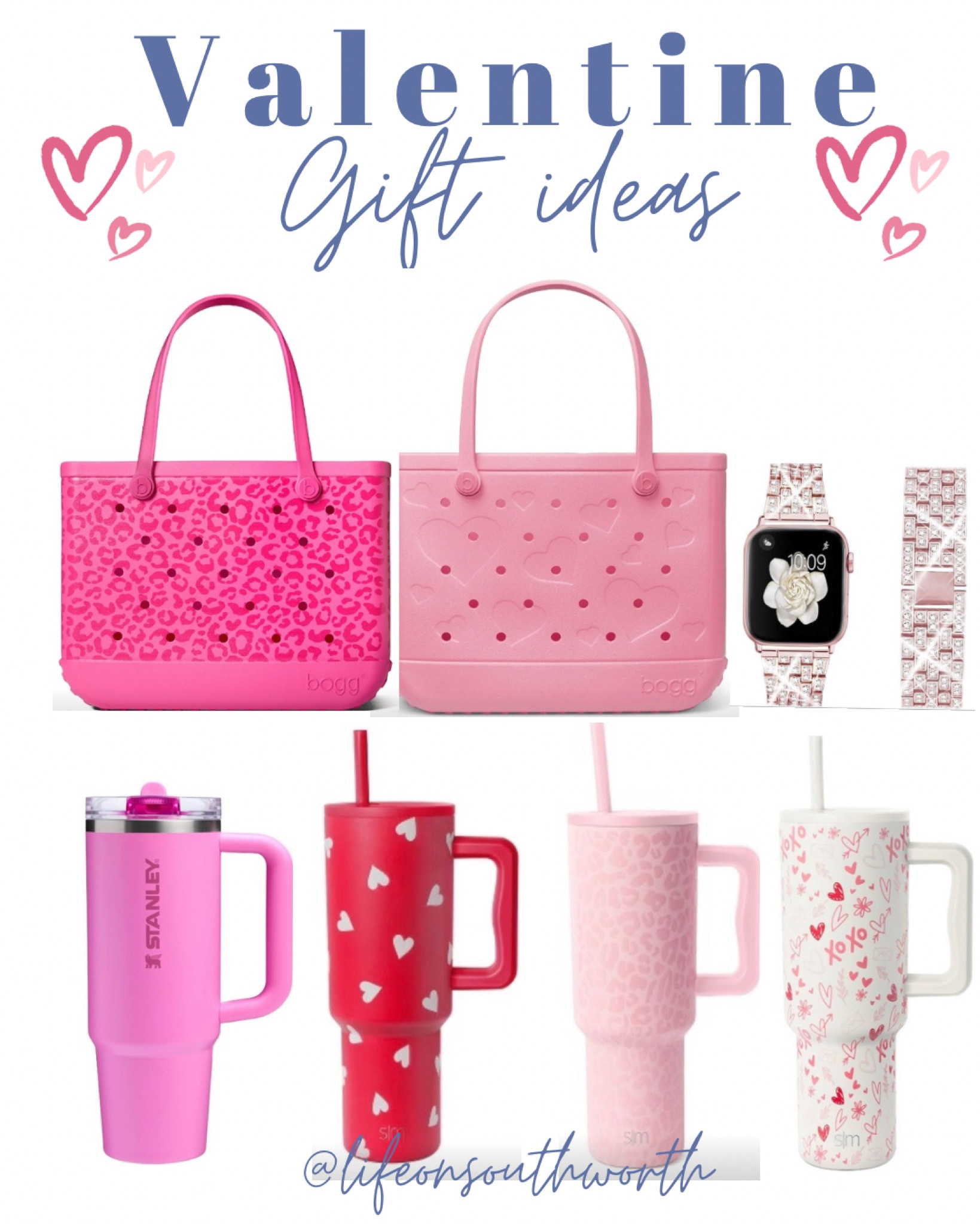 Valentine gift ideas any lady on the go would love! Bogg Bag, festive tumbler, sparkly watch band..just add some chocolates & flowers, and you’re all set! I also added some Bitty Bags and smaller Simply Modern cups for your littlest ladies! 

Gift Tip: Use the Bogg bag as the “gift basket” and fill with all of her favorites! So personal & special!

#LTKGiftGuide #LTKSeasonal #LTKMostLoved