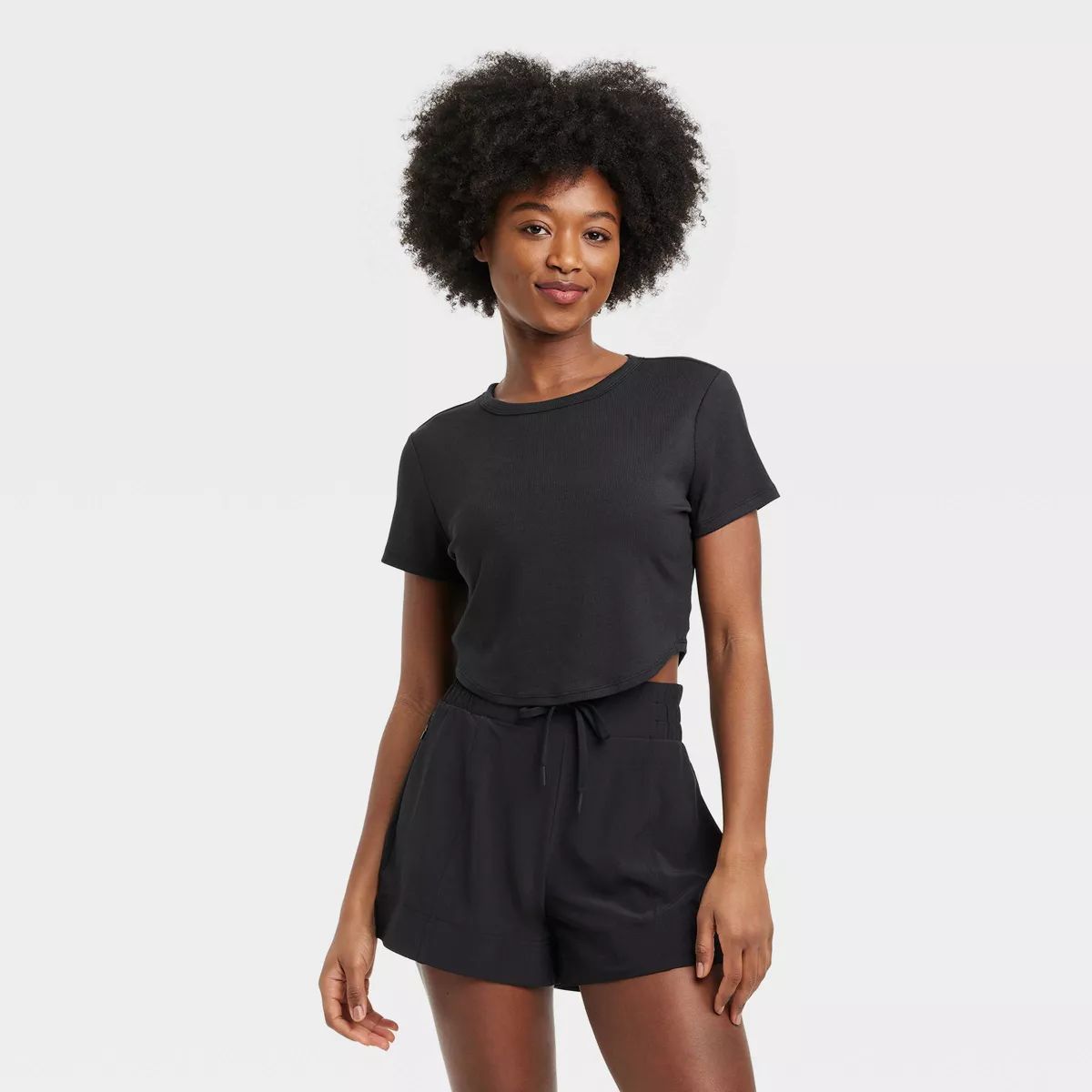 Women's Modal Rib Cropped Short Sleeve Shirt - All In Motion™ Black XS | Target