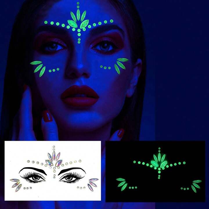 2pcs Self-Adhesive 3D Face Rhinestones (1 Glow In The Dark & 1 Non Glow In The Dark) For Hallowee... | SHEIN