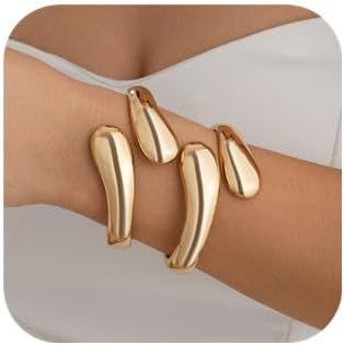 Gold Bangle Bracelets for Women Chunky Cuff Bracelet 18K Gold Plated Open Teardrop Bangle Set Wid... | Amazon (US)