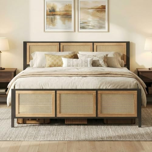 LIKIMIO King Bed Frame, Platform Bed Frame with Rattan Headboard and Sturdy Metal Slats Support, ... | Amazon (US)
