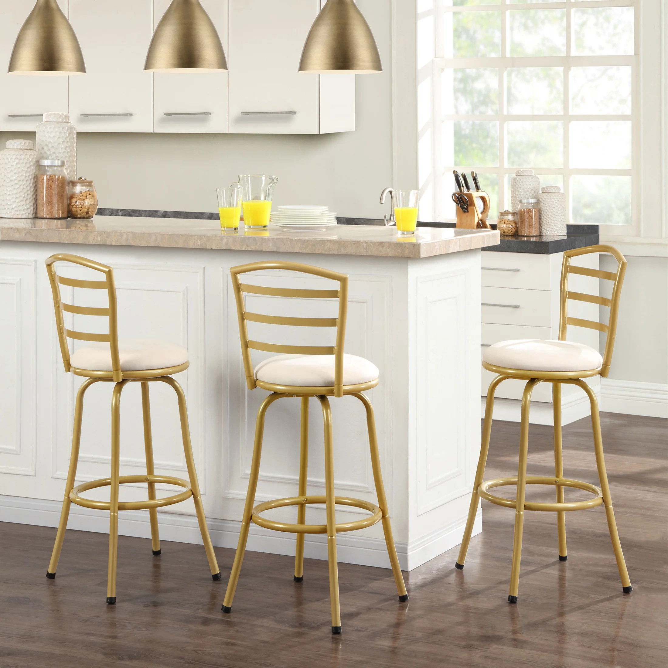 Mainstays 3-Pack Indoor Adjustable 24" or 29" Swivel Gold Metal Barstool, Cream Seat | Walmart (US)