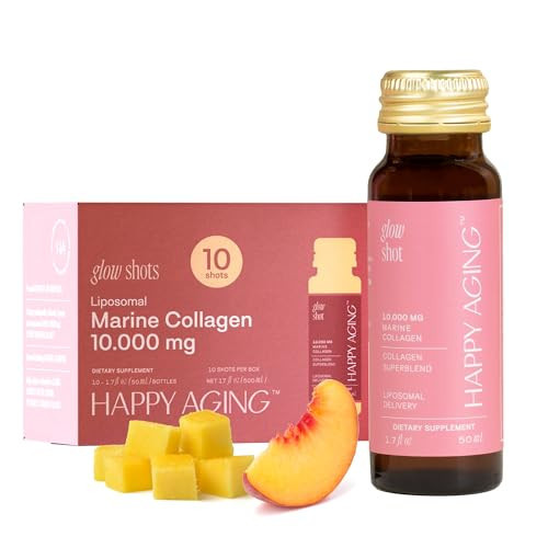Happy Aging Marine Collagen Peptides Glow Shot 10,000mg - Liquid Collagen for Women with Liposomal Delivery - Promotes Skin Hydration, Elasticity & Radiance - Supports Hair & Nails, 10 Shots | Amazon (US)