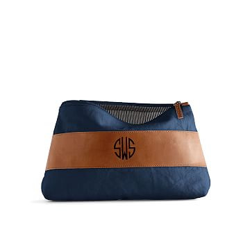 Canvas and Leather Cosmetics Bag, Small, Navy and Brown | Mark and Graham