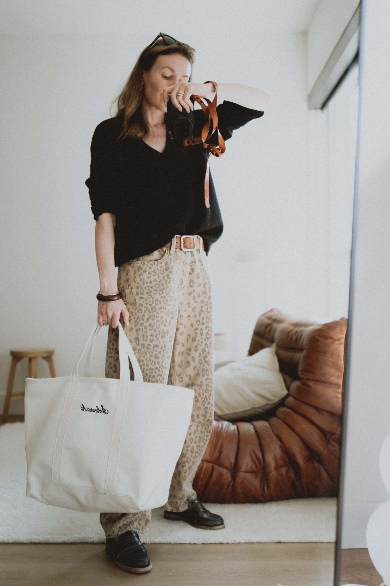 Cheetah 🐆 print jeans (Citizens of Humanity Amiri) + v-neck sweater + loafers (Golden Goose Jerry) + L.L. Bean boat & tote. 

#LTKSeasonal #LTKShoeCrush #LTKItBag