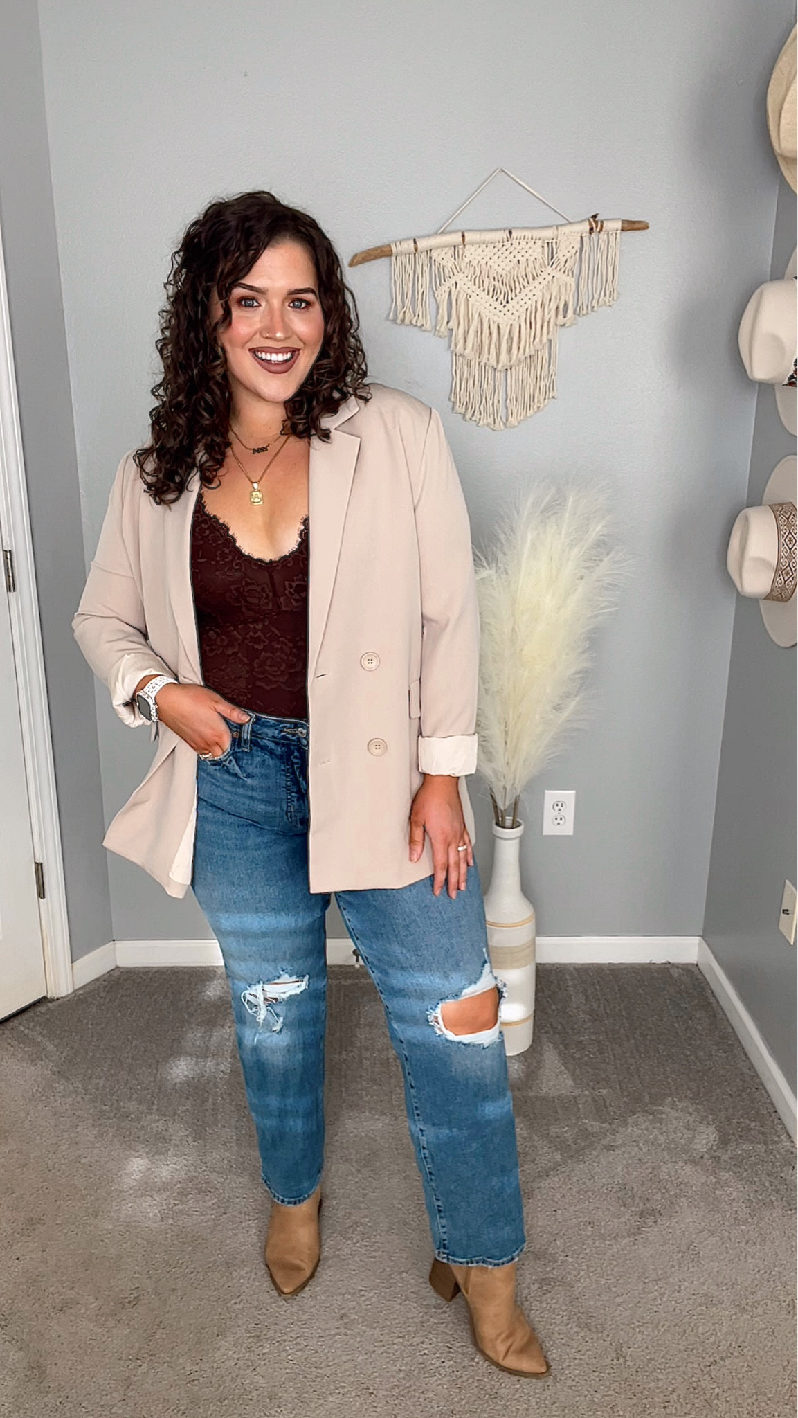 Midsize elevated casual outfit 🤎✨👢
Lace bodysuit size: XL
Jeans: 12 
Blazer: L, linking similar options 
Shapewear bodysuit, recommend 1 size up! 
#elevatedcasual #casualoutfit #leatherpants #neutralstyle #lace #bodysuit #shapewear #booties #amazonfinds #jeans #denim #curvydenim 

#LTKstyletip #LTKunder50 #LTKcurves
