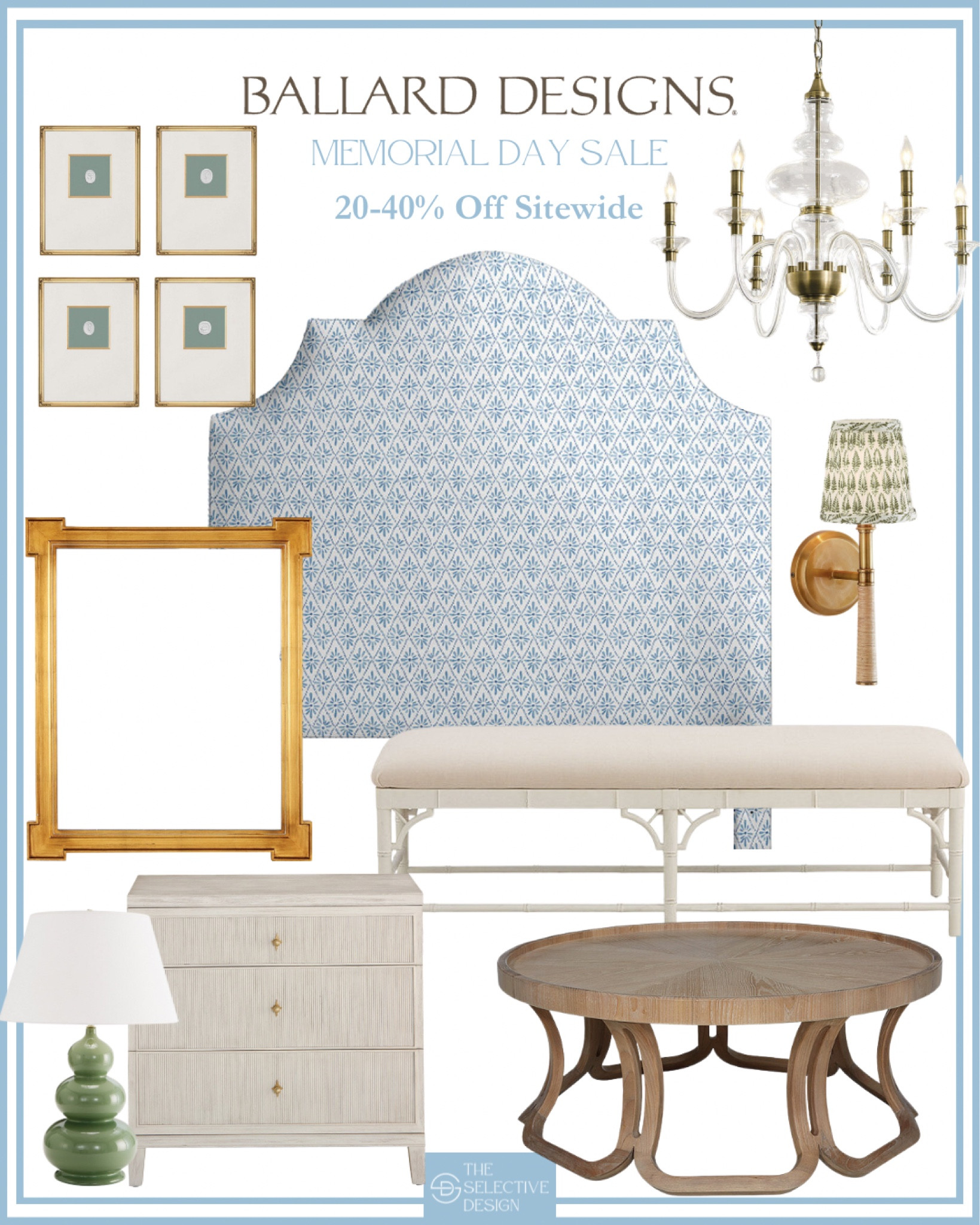 Ballard Design Memorial Day sale
picks. Great deals on timeless home decor and furniture! 

Intaglios, upholstered headboard, custom upholstered headboard, acrylic lighting, chandelier, sconce, pleated shade, gold mirror, white bamboo bench, nightstand, green lamp, wood coffee table, coffee table, classic coffee table 

#LTKHome #LTKSaleAlert