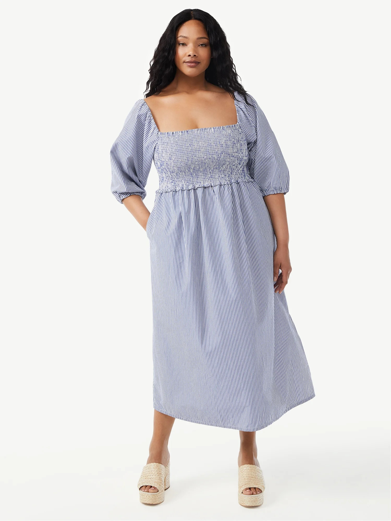 Free Assembly Women's Smocked Midi Dress with Convertible Sleeves - Walmart.com | Walmart (US)