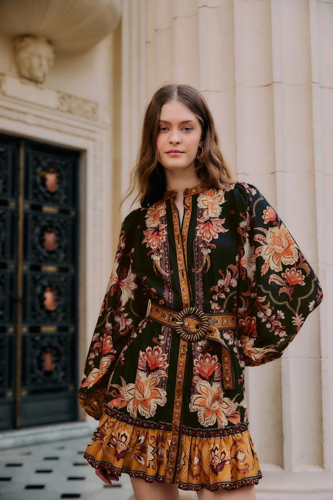 Black Majestic Garden Beaded Buckle Long Sleeve Mini Dress | FARM Rio | FarmRio (US)