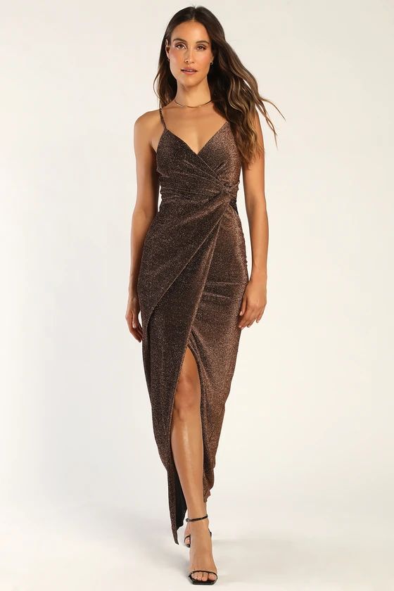 A Night of Radiance Bronze Sparkly Twist-Front Maxi Dress | Lulus (US)
