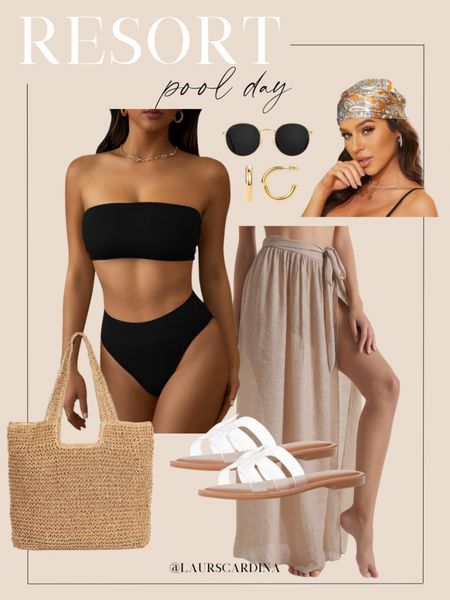 This pool day resort look includes a two piece black bikini, long daring, clear slide sandals, a straw beach bag, gold hoop earrings, wire rimmed sunglasses, and a head scarf. 

Ootd, resort wear, pool outfit, beach look

#LTKfindsunder50 #LTKswim #LTKstyletip