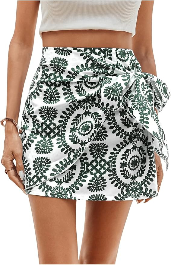 WDIRARA Women's Allover Print Knot Side High Waist Wrap Skirt Zipper Back Boho Mini Skirt | Amazon (US)