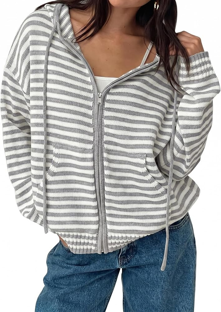Fisoew Womens Striped Zip Hoodie Cardigan Oversized Crop Sweaters Jackets | Amazon (US)