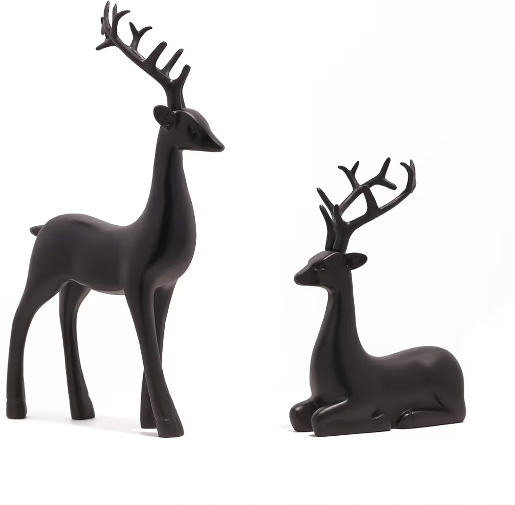 2Pcs Black Christmas Reindeer Decor, Small Resin Deer Figurines Standing Sitting Mini Reindeer Statues Sculpture Xmas Ornaments for Indoor Home Cabinet Mantle Table Top Centerpiece Decoration | Amazon (US)