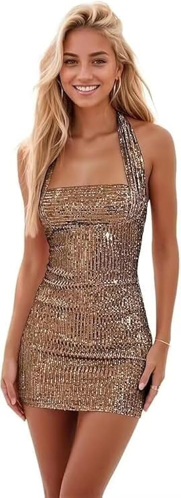 Striped Sequin Homecoming Dresses Short for Women Halter Mini Formal Prom Party Dresses | Amazon (US)