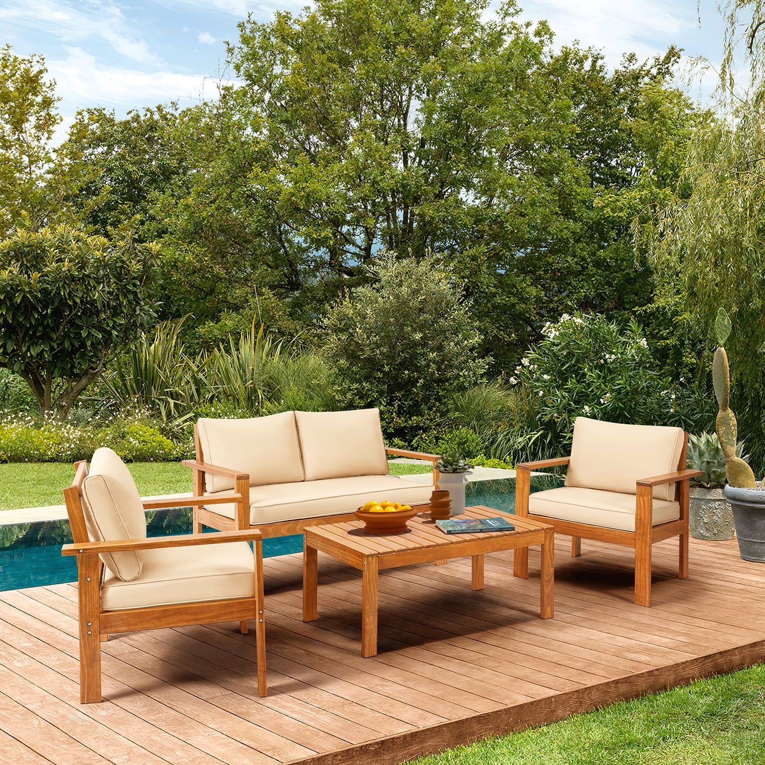 Mellcom 4-Piece Patio Conversation Set,Wood Outdoor Sofa Set for Garden, Poolside and Backyard - ... | Walmart (US)
