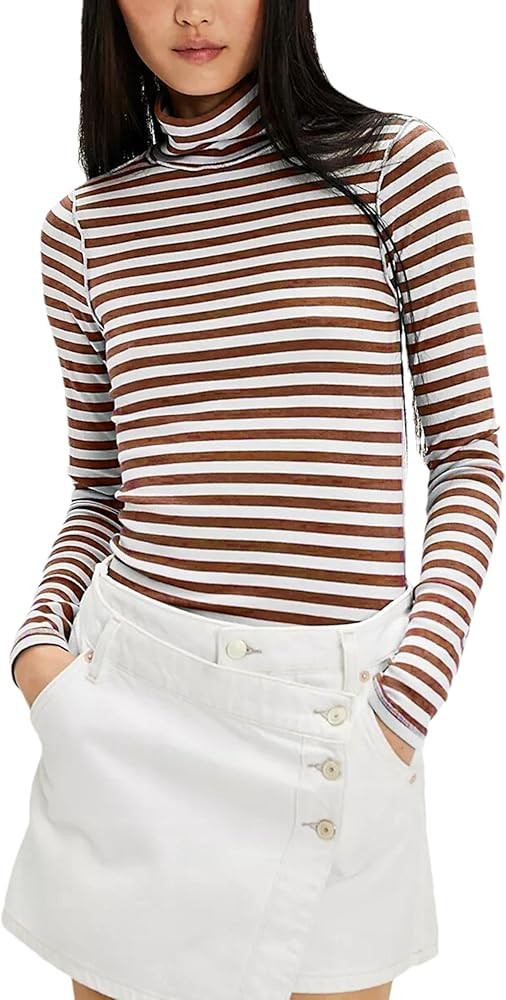 Womens Turtleneck Long Sleeve Shirt Slim Fit Stretch Striped Blouses Basic Tops Outfits 2024 | Amazon (US)