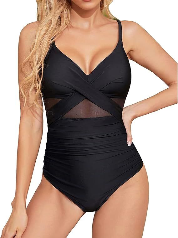 Tempt Me Women One Piece Tummy Control Swimsuits Push Up Bathing Suits Cutout Mesh Front Cross Sw... | Amazon (US)