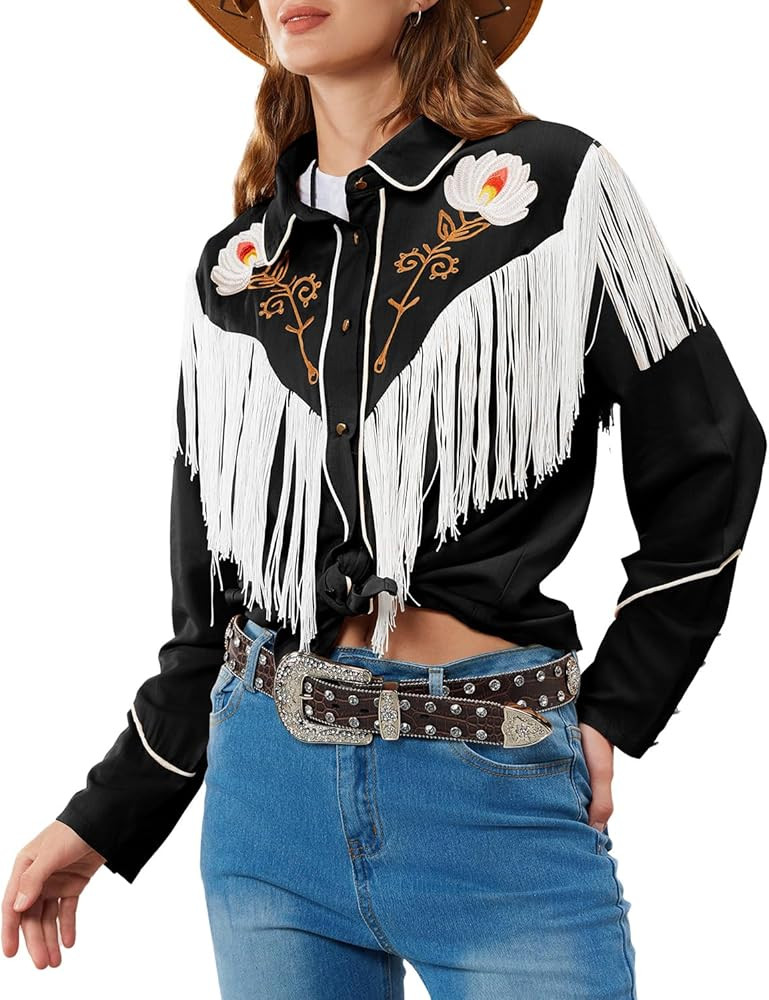 Women's Floral Embroidered Fringe Western Shirts Rodeo Cowgirl Button Down Blouse Tops Country St... | Amazon (US)