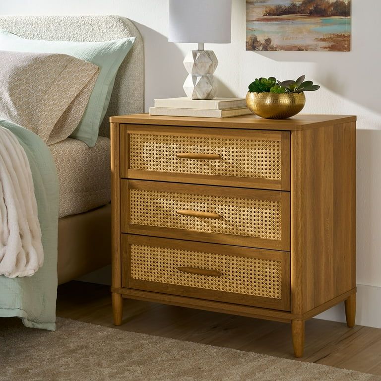 Better Homes & Gardens Springwood Caning 3-Drawer Nightstand, Light Honey finish | Walmart (US)