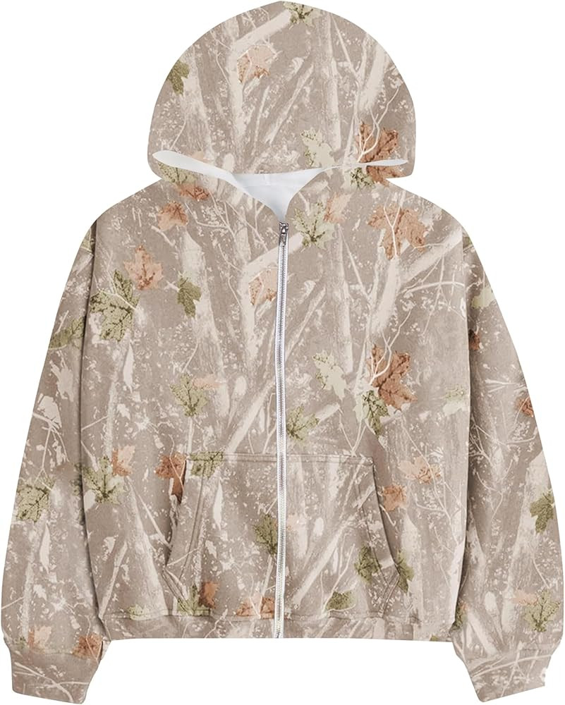 Womens Loose Fit Camo Hooide Sweatshirt Zip Up Long Sleeve Trendy Maple Leaf Print Fleece Hoodie ... | Amazon (US)