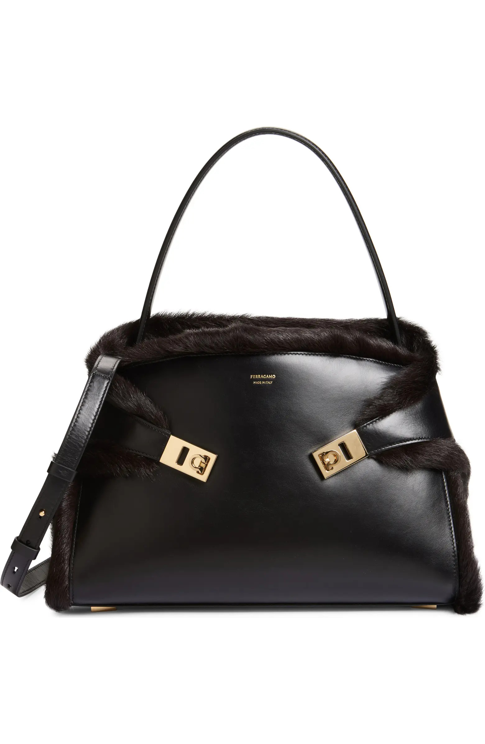 FERRAGAMO Hug Genuine Shearling Trim Leather Satchel | Nordstrom | Nordstrom