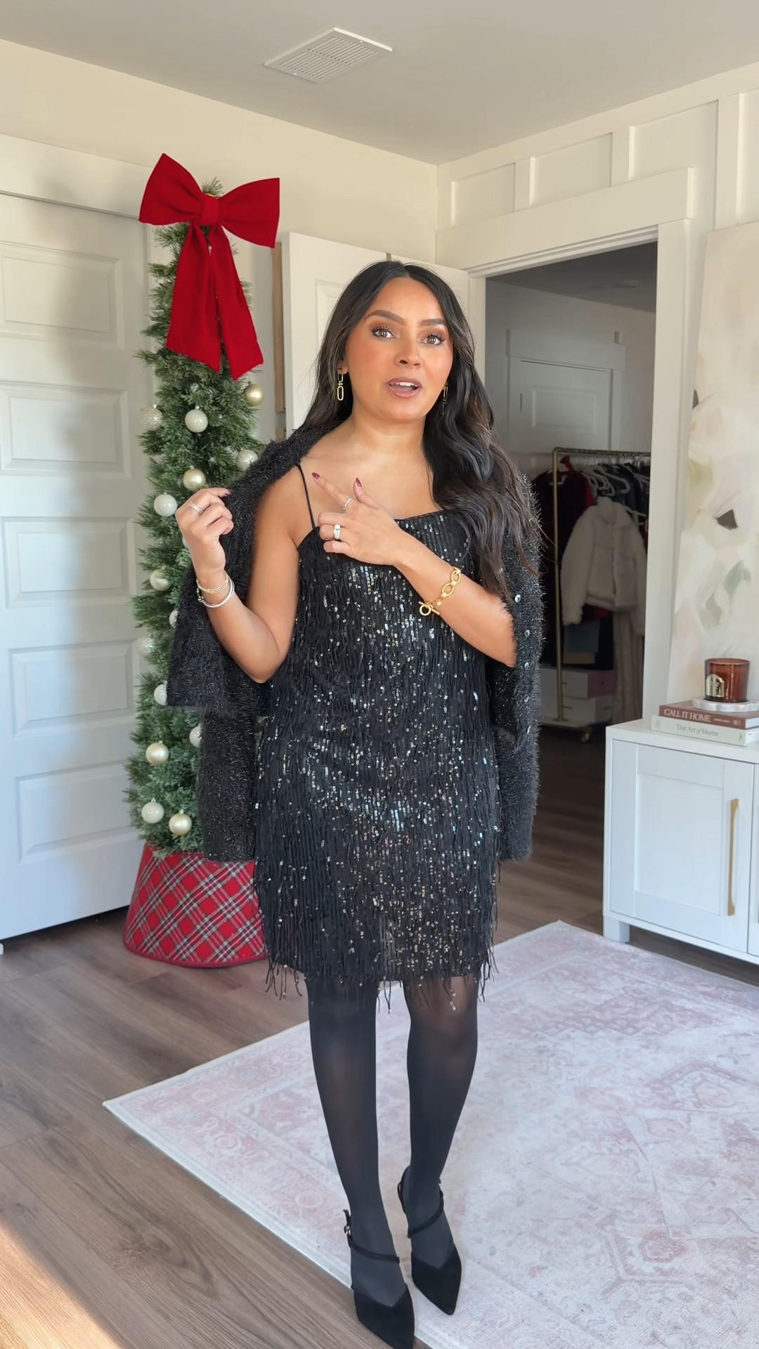 Black cardigan size xs TTS
Black sequin fringe dress size xs TTS
Black tights size small TTS
Black heels size 5 TTS

#LTKFindsUnder50 #LTKPetite #LTKHoliday